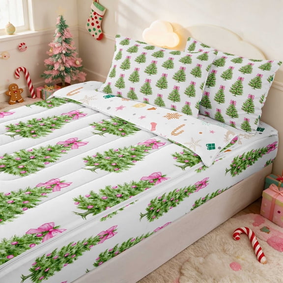 Manfei Xmas Tree Zipper Queen Comforter Set with Fitted Sheet and 2 Pillowcases Christmas Tree Zipper Bedding Set, Yellow Green, Xmas Reversible