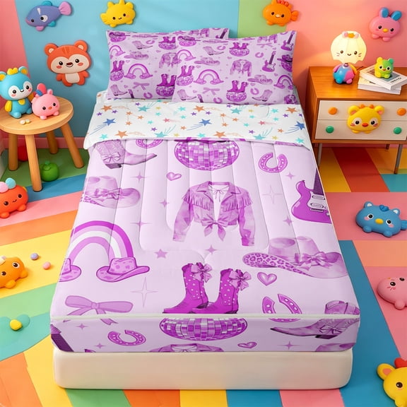 Erosebridal Y2K Cowgirl Western Boot Zipper Twin Comforter Sets with Fitted Sheet and 2 Pillowcases,Disco Ball Guitar Horseshoe Zipper Bedding Set For Girls,Colorful Stars Reversible,4pcs