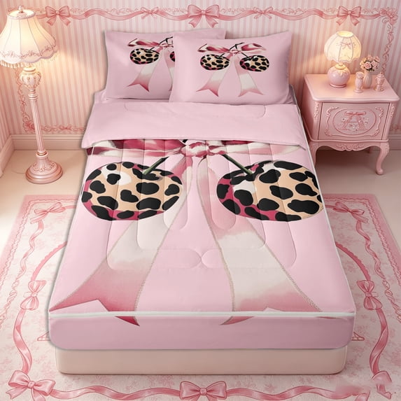 Erosebridal Y2K Leopard Cherry Zipper Full Size Comforter Sets with Fitted Sheet and 2 Pillowcases,Glam Satin Ribbon Zipper Bedding Set,Pink Brown Black,4pcs,Pink Reversible