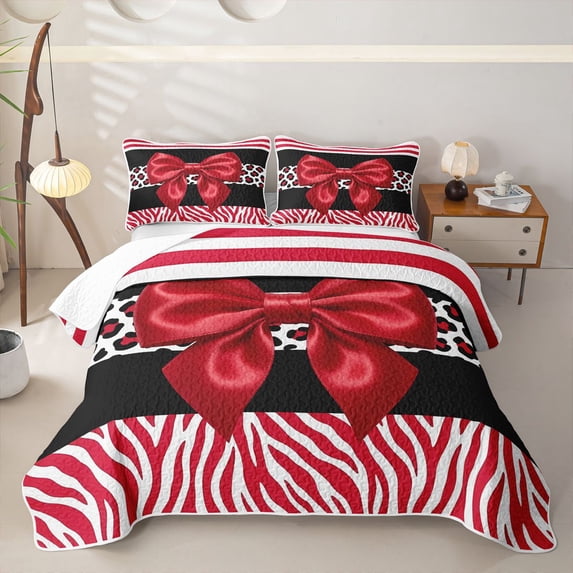 Erosebridal Y2K Red Bow Quilt Full for Adults, Red Zebra Leopard Stripe Full Bedspread Sets, 3pcs