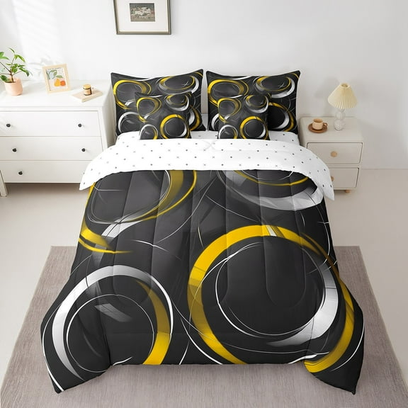 Erosebridal Yellow Abstract Bedding Sets Queen Size, Circle Minimalst Comforter Sets with Sheets, Futuristic Room Decor, 7pcs