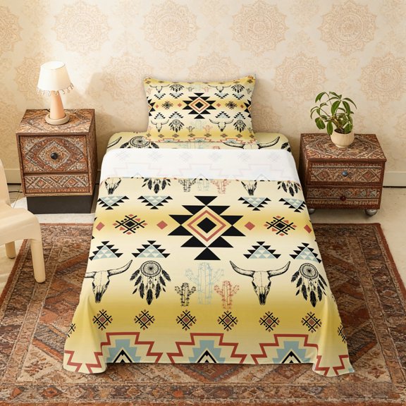 Erosebridal Yellow Aztec Twin Sheet Sets, Farmhouse Dreamcatcher Cow Skull Print Bedding, 3pcs 1 Flat Sheet, 1 Fitted Sheet and 1 Pillowcase