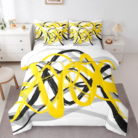 Erosebridal Yellow Black Graffiti Bed in a Bag Queen Size,Geometric Lines Bed Set,Modern Aesthetic Art Bedding Queen Size,Ultra Soft Room Decorative Reversible,7 Pieces