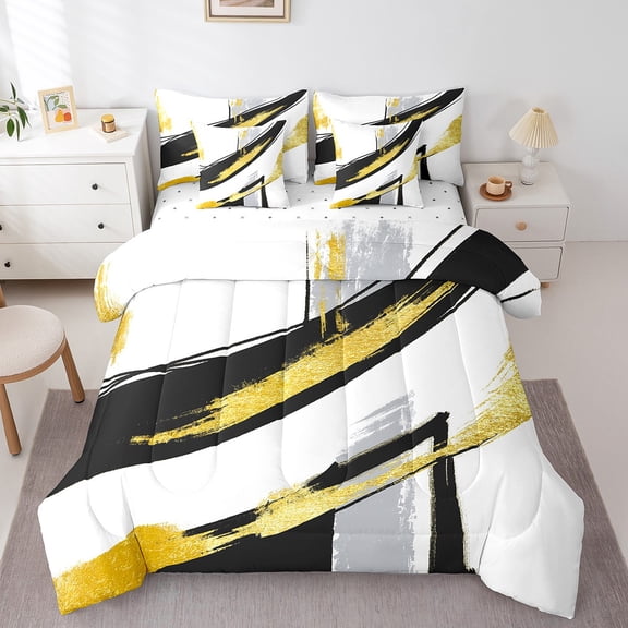 Erosebridal Yellow Black Graffiti Bedding Sets Full Size,Minimalist Geometric Lines Comforter Sets with Sheets,Modern Aesthetic Art Bed in a Bag Full Size,Room Decorative Reversible,7-Piece