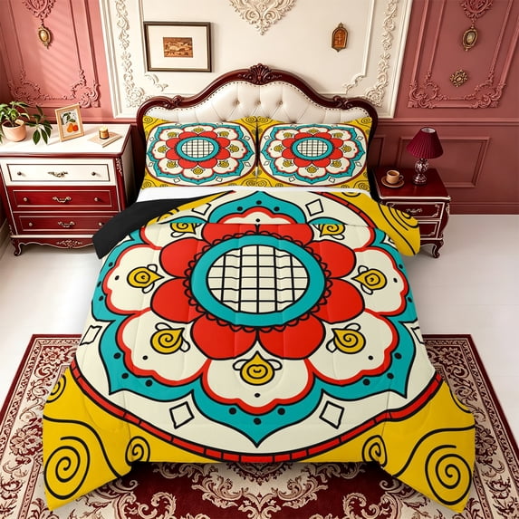 Erosebridal Yellow Blue Mandala Full Size Comforter Sets,Red White Motif Bedding Comforter Set,3pcs,1 Comforter and 2 Pillowcases,Black Reversible