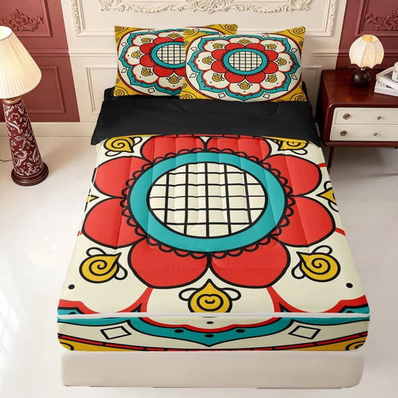 Erosebridal Yellow Blue Mandala Zipper Twin Comforter Sets with Fitted Sheet and 2 Pillowcases,Red White Motif Zipper Bedding Set,Black Reversible,4 Pieces