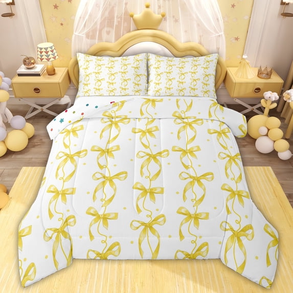 Erosebridal Yellow Bow-tie Girls Full Size Comforter Sets, Stripes Lines Bedding Sets, 3-Piece