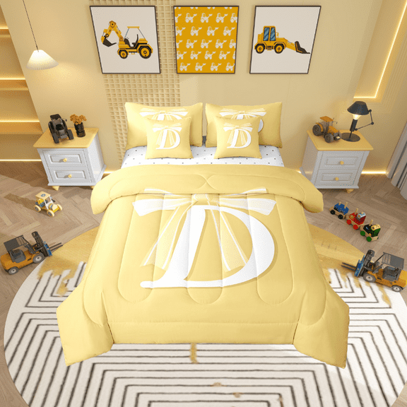 Erosebridal Yellow Bowknot Bed in a Bag King size, Initial Letter D Bed Set, Cartoon Monogrammed Reversible Bedding King Size, Breathable Bedroom Decorative, 7pcs