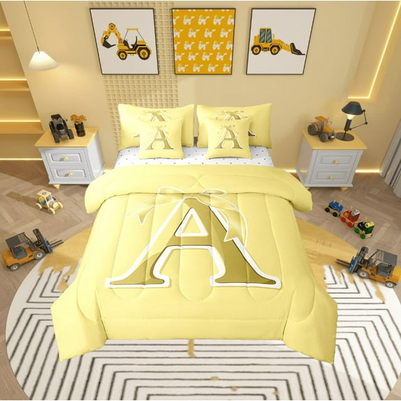 Erosebridal Yellow Bowknot Bedding Twin Size, Initial Letter A Bed in a Bag Twin size, Cartoon Monogrammed Reversible Bed Set, Breathable Bedroom Decorative, 7pcs