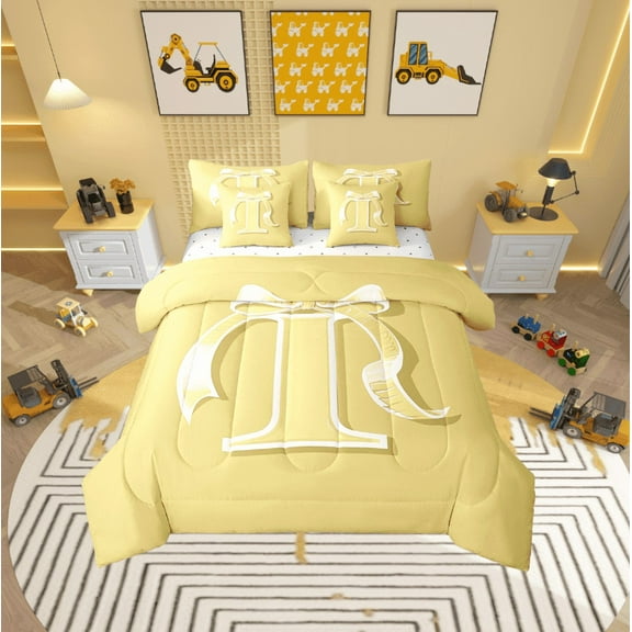 Erosebridal Yellow Bowknot Bedding Twin Size, Initial Letter I Bed in a Bag Twin size, Cartoon Monogrammed Reversible Bed Set, Breathable Bedroom Decorative, 7pcs
