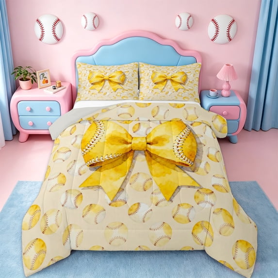 Erosebridal Yellow Bowknot Print Queen Comforter Set For Girls,Kids Baseball Games Bedding Comforter Set,Reversible lightgray,3-Piece