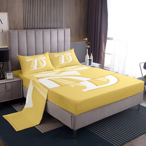 Erosebridal Yellow Bowknot Twin Sheet Sets, Initial Letter D Bedding Twin Size, Cartoon Monogrammed Reversible Bed Sheets Twin, Breathable Bedroom Decorative, 3pcs