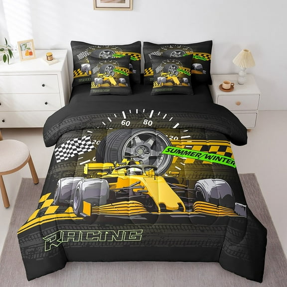 Erosebridal Yellow Car Bedding Sets Twin Size,Extreme Sport Comforter Sets with Sheets,Geometric Buffalo Bed in a Bag Twin size,Breathable Automobile Room Decor,Reversible,7pcs