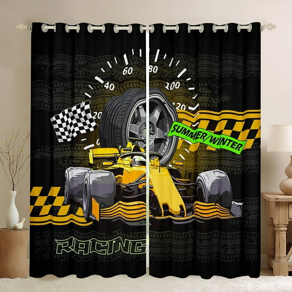 Erosebridal Yellow Car Curtains for Living Room,Extreme Sport Blackout Curtains Set of 2 (38x45),Geometric Buffalo Curtains and Drapes (38x45),Automobile Room Decor