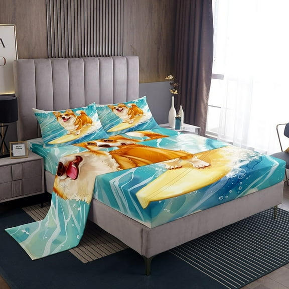 Erosebridal Yellow Corgi Sheet Set Twin,Ocean Surfing Bedding Sets Twin Size,Kawaii Cartoon Twin Sheet Sets,Breathable Animal Bedroom Decorative,3pcs