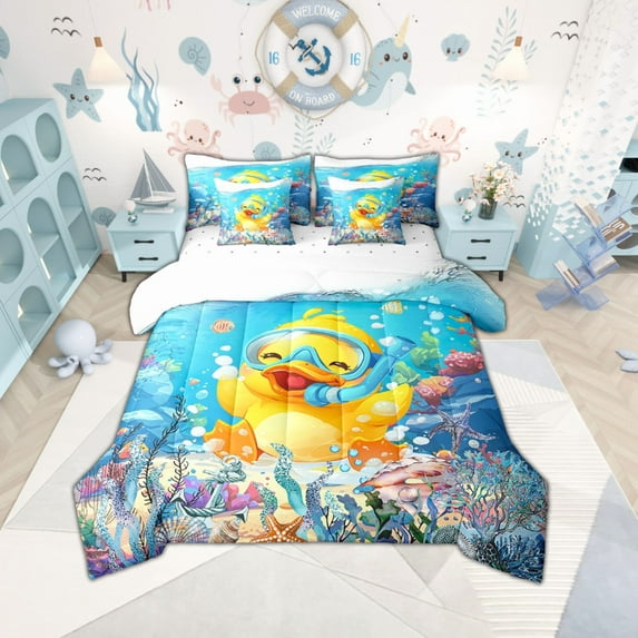 Erosebridal Yellow Duck Bedding Sets Twin Size,Cartoon Animal Comforter Sets with Sheets,Ocean Sea Bed in a Bag Twin size,Lightweight Marine Room Decoration,Reversible,7-Piece