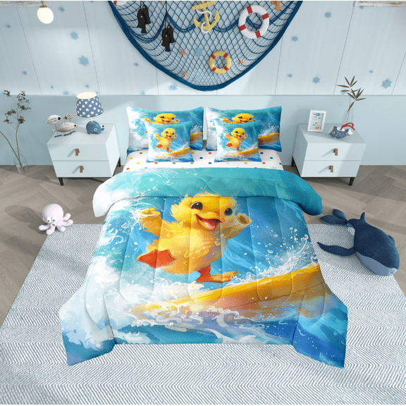 Erosebridal Yellow Duck Bedding Sets Twin Size,Ocean Surfing Comforter Sets with Sheets,Kawaii Cartoon Bed in a Bag Twin size,Breathable Animal Bedroom Decorative,Reversible,7-Piece