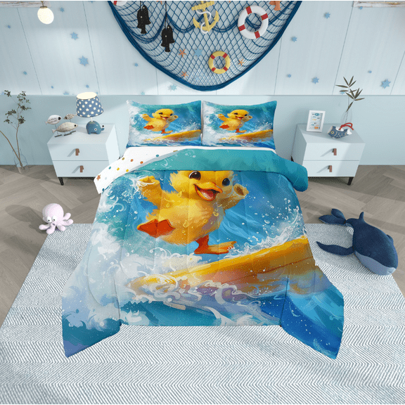 Erosebridal Yellow Duck Bedding Twin Comforter Set,Ocean Surfing Down Comforter,Kawaii Cartoon Bedding Sets Twin With Comforter,Breathable Animal Bedroom Decorative,Reversible,2-Piece
