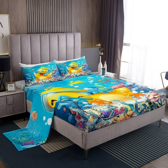 Erosebridal Yellow Duck Sheet Set Twin,Cartoon Animal Bedding Sets Twin Size,Ocean Sea Twin Sheet Sets,Lightweight Marine Room Decoration,3pcs