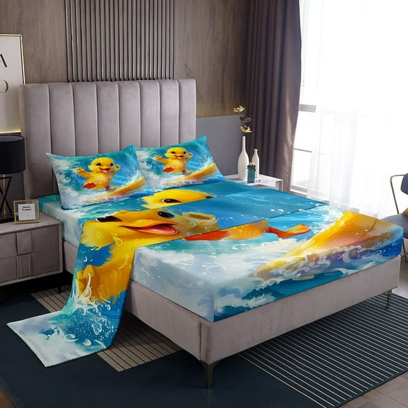 Erosebridal Yellow Duck Sheet Set Twin,Ocean Surfing Bedding Sets Twin Size,Kawaii Cartoon Twin Sheet Sets,Breathable Animal Bedroom Decorative,3pcs