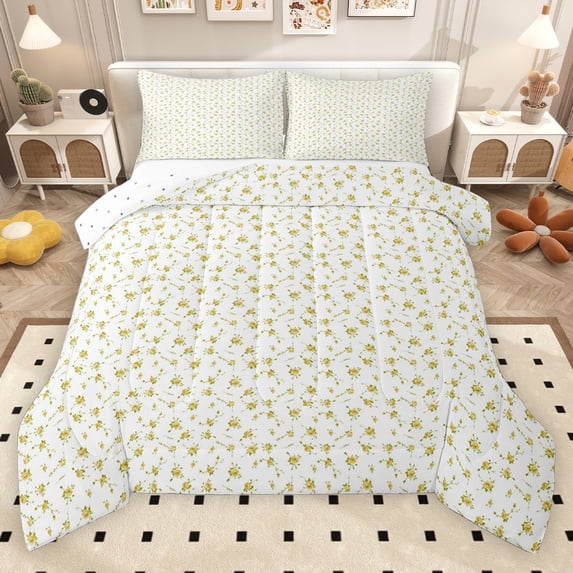 Erosebridal Yellow Floral Full Size Comforter Sets for Girls, Chic Flower Bedding Sets, Reversible, 3pcs