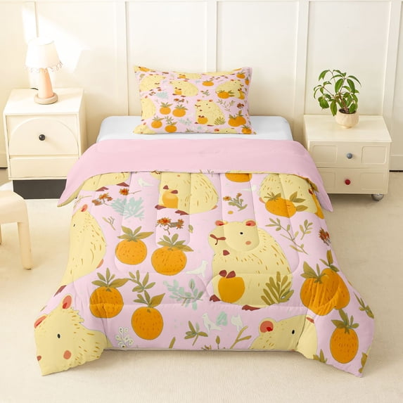 Erosebridal Yellow Funny Capybara Twin Comforter Sets,Cute Orange Pattern Bedding Set For Capybara Lovers ,Reversible Pink 2 Pieces