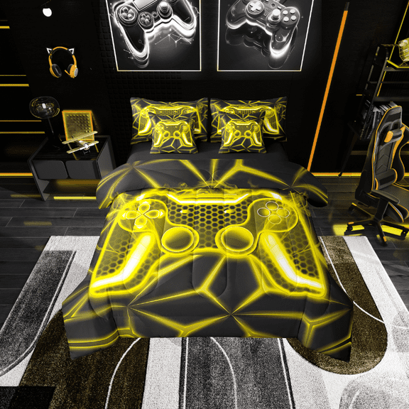 Erosebridal Yellow Gamepads Bedding Sets Twin Size,Video Game Comforter Sets with Sheets,Geometric Plaid Bed in a Bag Twin size,Microfiber Male Bedroom Decor,Reversible,7pcs