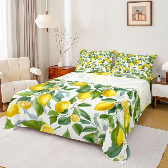 Erosebridal Yellow Lemon Bed Sheets,Tropical Fruit King Sheets For Girls Teens 4 Pieces