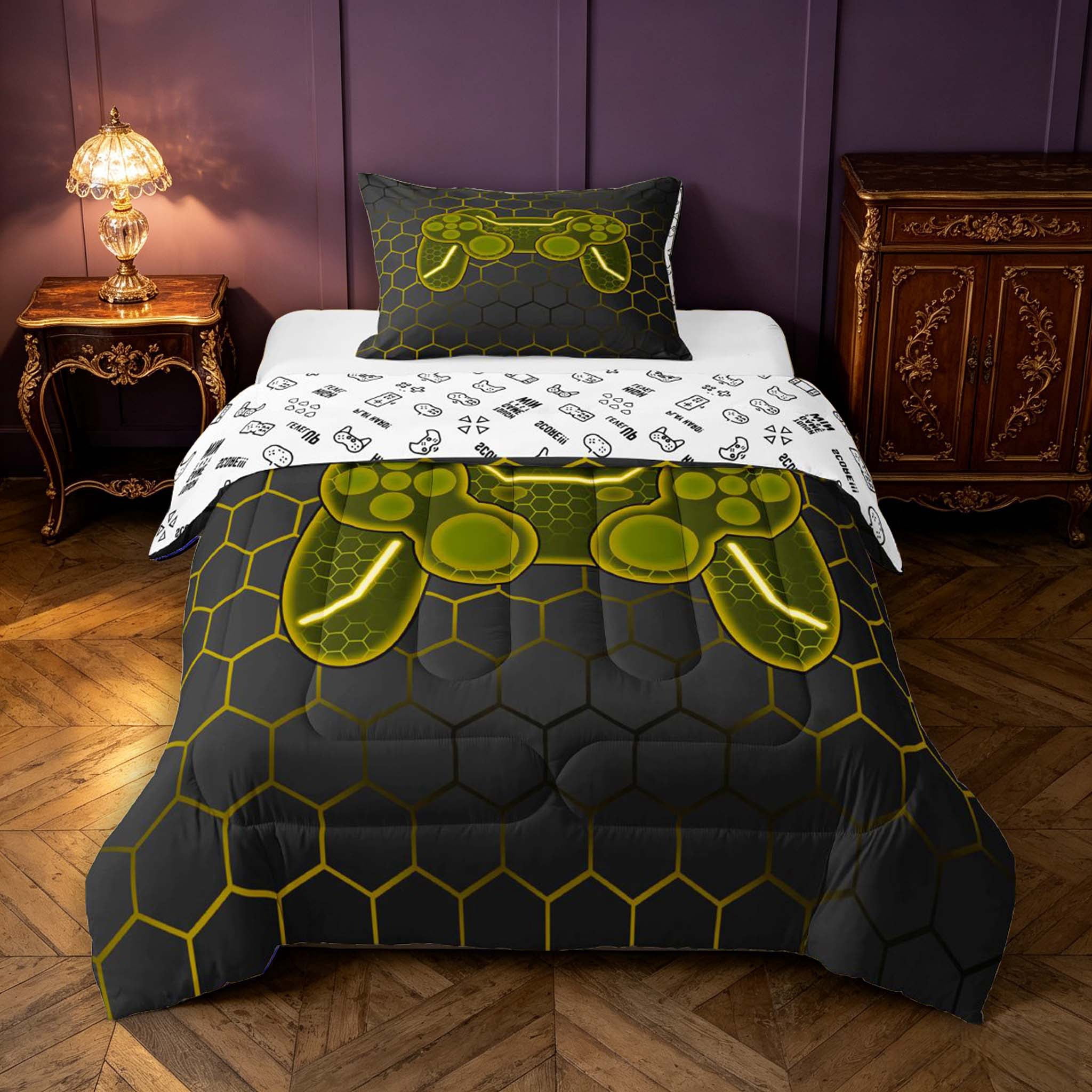 Erosebridal Yellow Neon Gaming Pad Twin Comforter Sets,Hex Grid Bedding ...