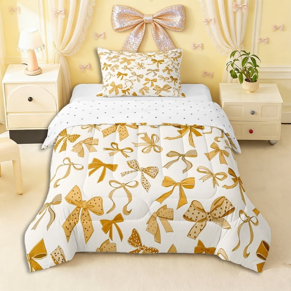 Erosebridal Yellow Polka Dots Bow Twin Comforter Sets 3-Piece for Teens Girls,Kids Kawaii Ribbon Bowtie Bedding Set,Super Cozy Room Decor