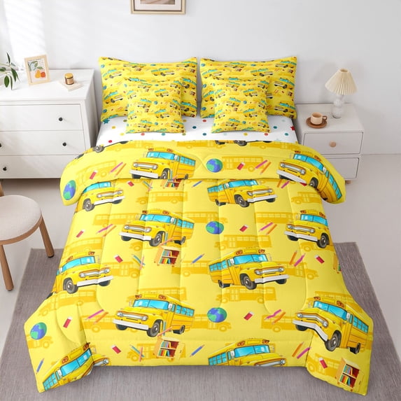 Erosebridal Yellow School Bus Bedding Comforter Set for Boys and Girls, Yellow School Supply Pattern King Bedding Sets, Polka Dots Reversible, 7-Piece