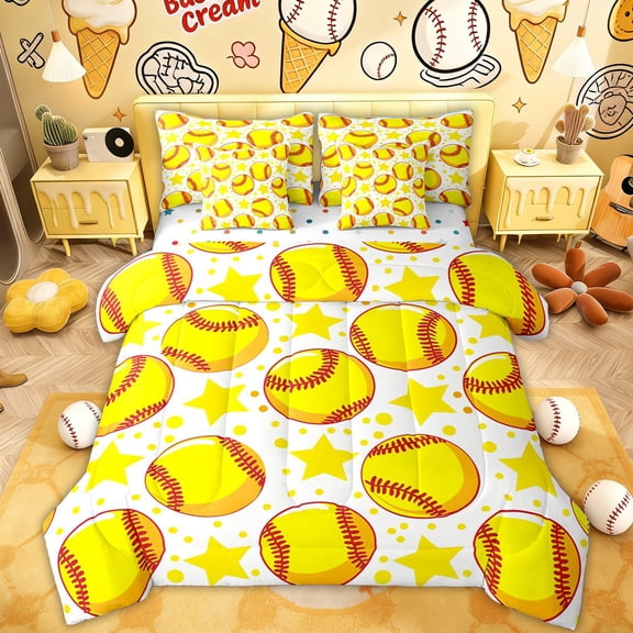 Erosebridal Yellow Softball Sport Twin Bedding Sets, Gold Stars Print Bedding Comforter Set for Boys and Girls, 7pcs