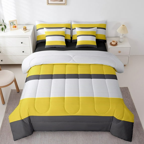 Erosebridal Yellow Stripes Bed in a Bag Full size,Geometric Lines Bed Set,Geometric Theme Bedding Full Size,Ultra Soft Abstract Room Decor,Reversible,7-Piece