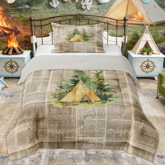 Erosebridal Yellow Teepee Tent Twin Comforter Sets, Vintage Newspaper Bedding Set for Men and Women, 2pcs