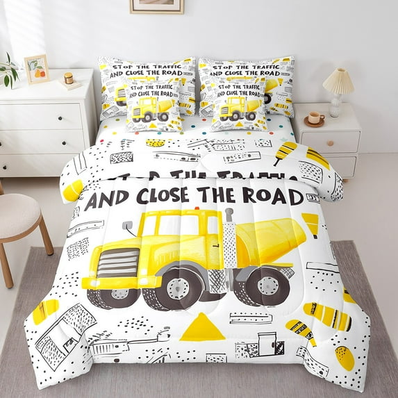 Erosebridal Yellow Tractor Bedding Full Size, Equipment Truck Comforter Sets with Sheets, Construction Site Room Decor, Reversible 7 Pieces