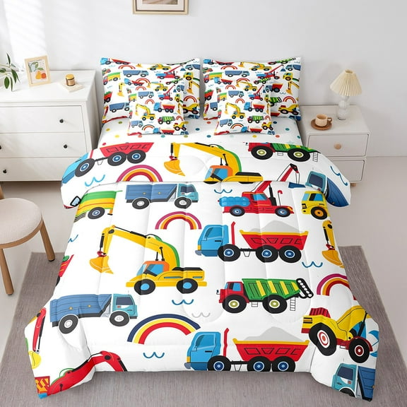 Erosebridal Yellow Tractor Bedding Sets Full Size, Construction Vehicle Comforter Sets with Sheets, Truck Car Reversible Bed Sheets Set, Lightweight Room Decoration, 7pcs