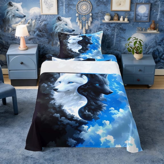Erosebridal Yin Yang Black White Wolf Print Twin Sheet Sets, Cloudy Sky Bedding for Men and Women, 1 Flat Sheet, 1 Fitted Sheet and 1 Pillowcase