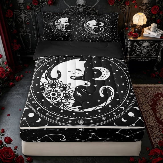 Erosebridal Yin Yang Cat Mandala Zipper Twin Comforter Sets with Fitted Sheet and 2 Pillowcases for Women Men, Black White Starry Sky Zipper Bedding Set, Black Reversible, 4-Piece