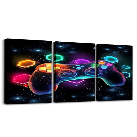 Erosebridal Young Men Gaming Canvas Wall Art Set of 3, Cool Gamepad Framed Wall Art for Living Room, Video Game Gamer Wall Decor for Kitchen, Luxury Bedroom Decoration