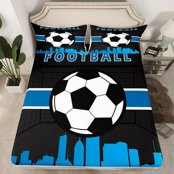 Erosebridal Youth Gaming Twin Fitted Sheet Soccer Football Sheets, Sport Bed Sheets Blue Black Bed Cover for All Seasons 2pcs