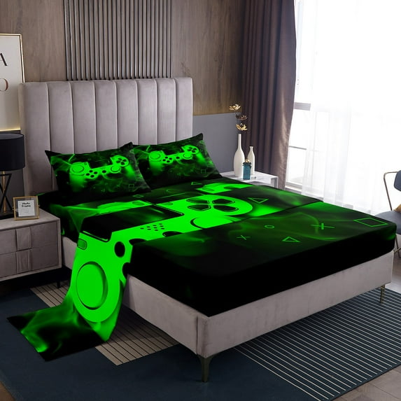 Erosebridal Youth Gaming Bed Sheets King, Video Game Green Gamepad Bedding Sets King Size, Gamer Bedroom Decor 4 Pieces