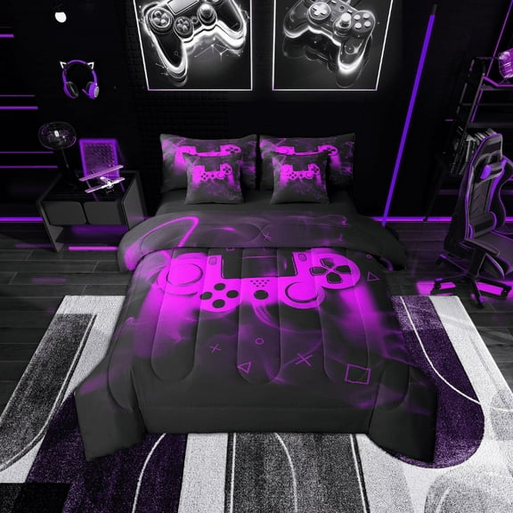 Erosebridal Youth Gaming Bed in a Bag Twin Size, Video Game Hot Pink Gamepad Bed Set, Gamer Bedroom Decor, Reversible 7 Pieces