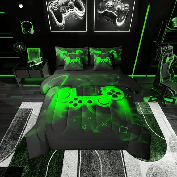 Erosebridal Youth Gaming Bedding Full Size, Video Game Green Gamepad Comforter Sets with Sheets, Gamer Bedroom Decor, Reversible 7 Pieces