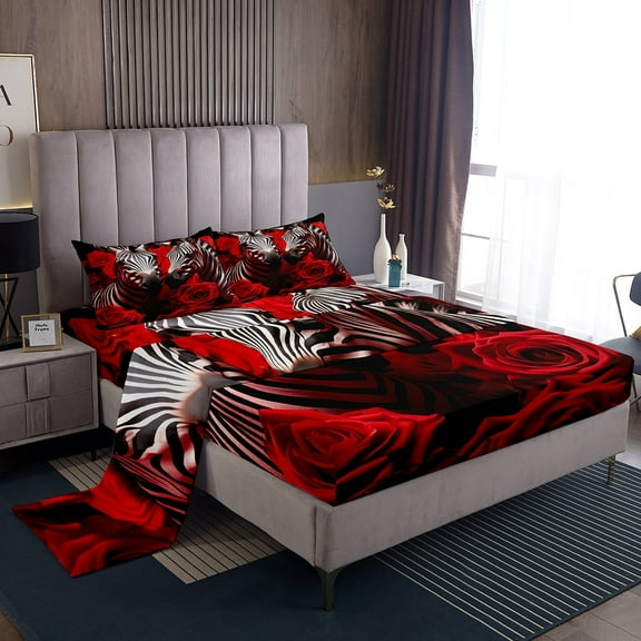 Erosebridal Zebra Flat Fitted Sheet 3D Wild Animals Print Sheet Set Couple Wildlife theme Bed Sheets Set Red Rose Flowers Sheets Romantic Soft Lightweight Room Decor for Women Men Adults King Size