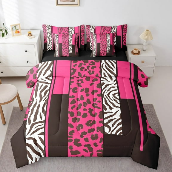 Erosebridal Zebra Leopard Print Bedding Sets King Size, Rectangle Geometric Comforter Sets with Sheets, Animal Decorative, 7pcs
