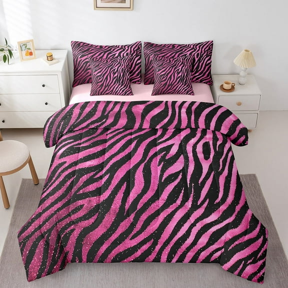 Erosebridal Zebra Print Bed in a Bag Queen size, Hot Pink Bed Set, Animal Wildlife Reversible Bedding Queen Size, Super Cozy Room Decoration, 7-Piece