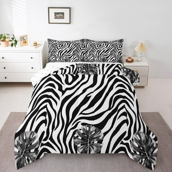 Erosebridal Zebra Print Bedding King Comforter Set, Tropical Palm Comforter Sets King Size, Black White Reversible Down Comforter, Super Cozy Room Decorative, 3 Pieces