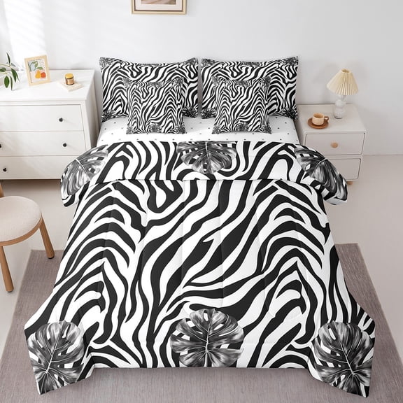 Erosebridal Zebra Print Bedding Sets Twin Size, Tropical Palm Comforter Sets with Sheets, Black White Reversible Bedding Twin Size, Super Cozy Room Decorative, 7 Pieces