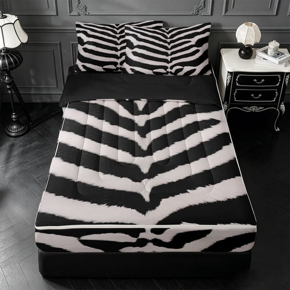 Erosebridal Zebra Stripe Zipper Queen Comforter Set with Fitted Sheet and 2 Pillowcases,Animal Line Zipper Bedding Set For Girls,Black Reversible,4-Piece