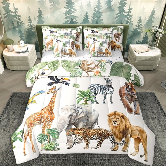 Erosebridal Zoo Animal Bed in a Bag Full Size,Lion Tiger Monkey Bed Set,Tropical Botanical Palm Tree Bedding Full Size For Teens,Breathable Bedroom Decor Reversible,7 Pieces